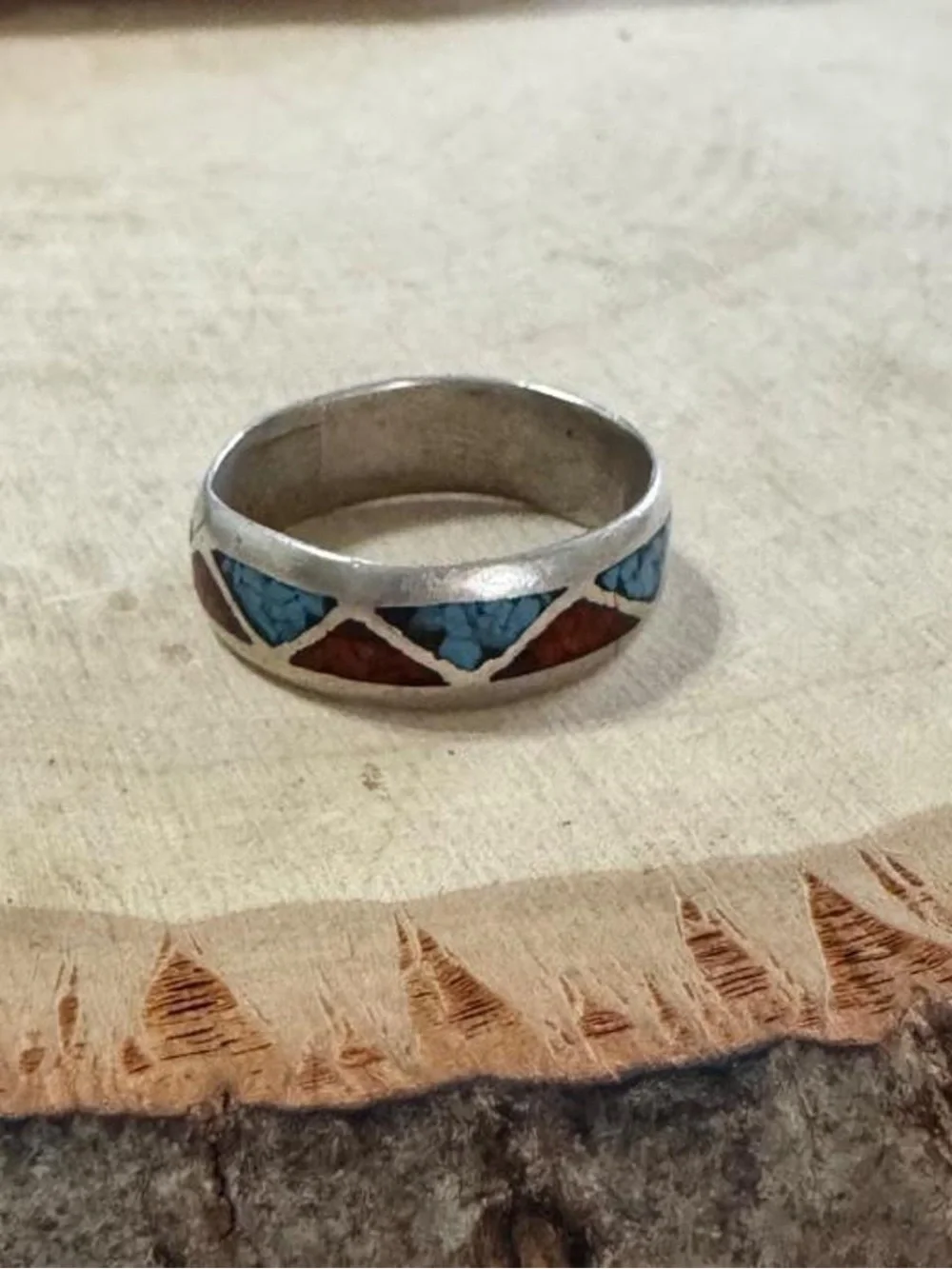 Men Women Vintage Navajo Sterling Silver  Inlay Turquoise Red Coral Band Ring